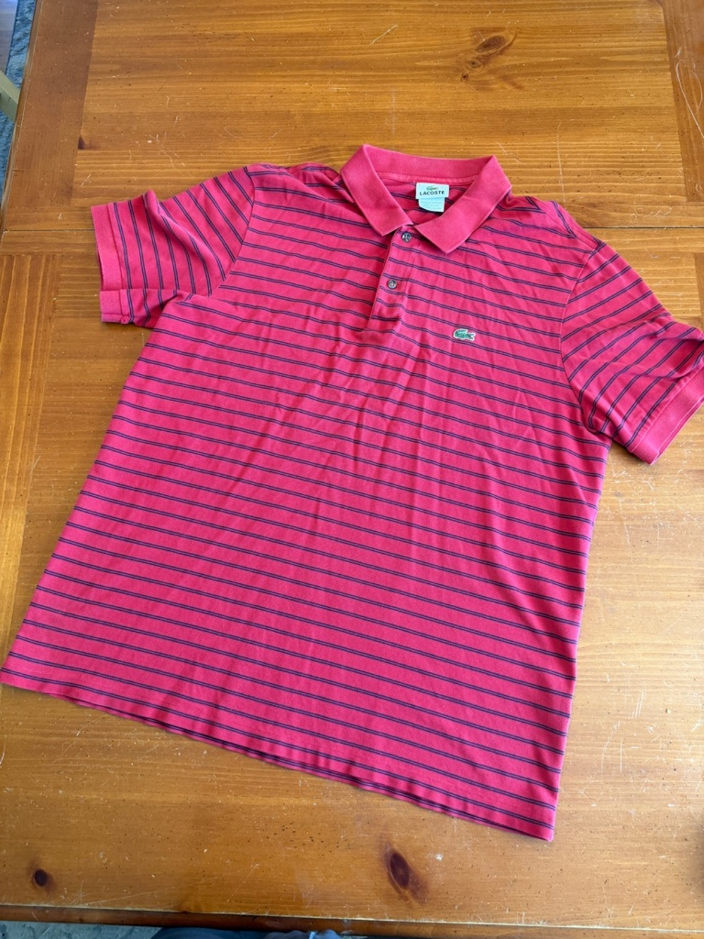 Lacoste Red Polo with Thin Navy Stripes